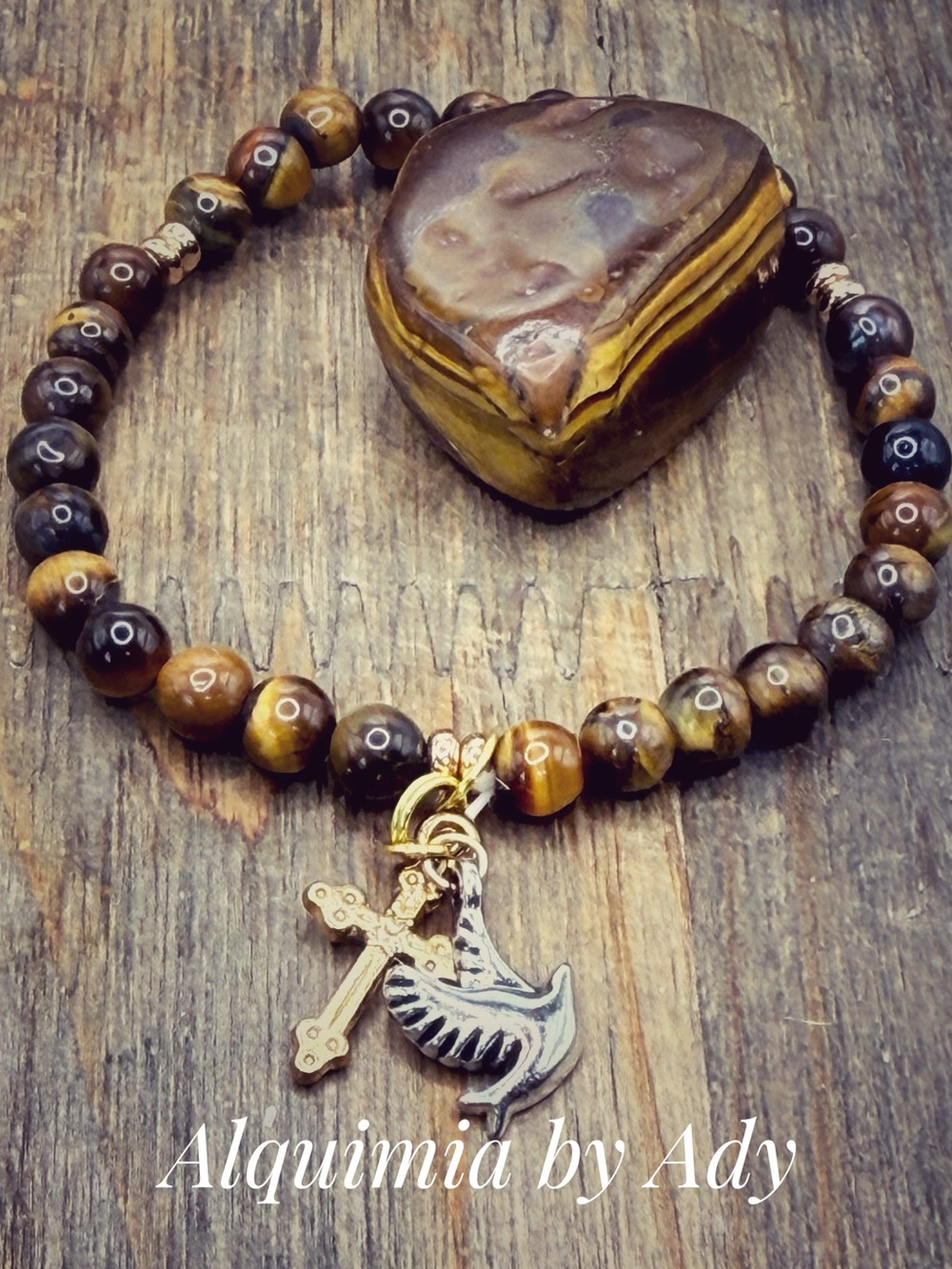Tiger Eye Beaded Bracelet with Cross & Dove Charm - Brown
